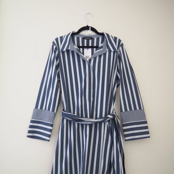 NWT Lafayette 148 Fabiola Twilight Dungaree Blue Stripe Long Sleeve Belted Dress - Picture 4 of 9